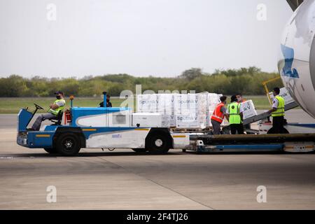 Buenos Aires, Argentina. 22 marzo 2021. Un volo Aerolineas Argentinas arriva con i vaccini Sputnik V. un volo Aerolineas Argentinas è arrivato nel paese, con il nuovo lotto di 500,000 dosi del vaccino Sputnik V contro il coronavirus. Credit: SOPA Images Limited/Alamy Live News Foto Stock