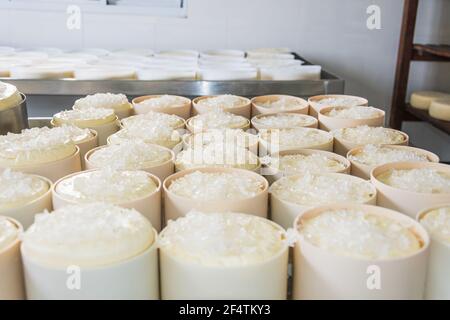 São Roque de Minas - MG, Brasile - 12 dicembre 2020: Processo di salatura del formaggio con sale grosso al formaggio artigianale roça da Cidade, a Serr Foto Stock