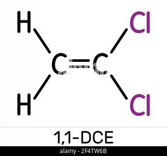 1,1-Dicloroetene, cloruro di vinilidene, molecola DCE. Viene utilizzato nella produzione di copolimeri di cloruro di polivinilidene (PVDC). Sostanza chimica scheletrica fo Foto Stock