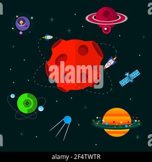 Elementi vettoriali a spazio piatto con astronave, ufo e pianeti. Illustrazione Vettoriale