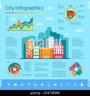 Infografiche di strade cittadine con edifici e icone in stile piatto. Illustrazione Vettoriale