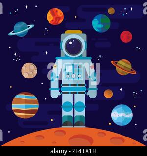 Elementi vettoriali a spazio piatto con astronauta e pianeti. Illustrazione Vettoriale