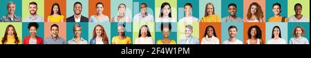 Molte persone di diversa etnia ed età su sfondi brillanti Foto Stock