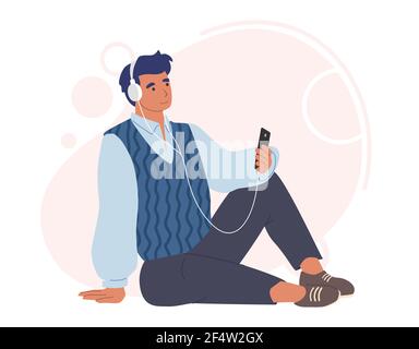 Uomo in cuffia che ascolta programmi audio, musica, audiolibro sullo smartphone, illustrazione vettoriale piatta. Podcast radio. Illustrazione Vettoriale
