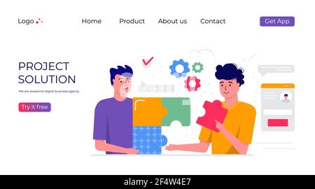 Un gruppo di persone che lavorano al progetto. Concetto di business, argomenti, soluzioni di progetto, modello di pagina Web di destinazione per report, volantino, marketing, volantino Illustrazione Vettoriale