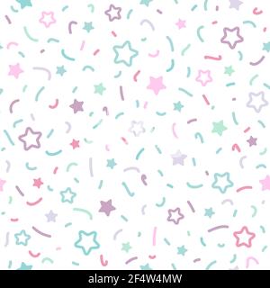 Motivo senza cuciture con piccole stelle arrotondate, punti e tratti su sfondo bianco. Illustrazione vettoriale. Fuochi d'artificio magici. Sfondo di Stardust memphis. C Illustrazione Vettoriale