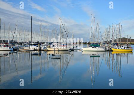 Barche a vela presso Howth Yacht Club e Marina a Dublino, Contea di Leinster Irlanda. Foto Stock