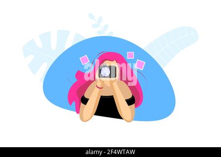 Bella giovane ragazza fotografo adolescente con i capelli rosa tenendo macchina fotografica. Concetto hobby fotografico femminile. Cute hipster donna moda spara e scatta foto fotografiche. Illustrazione vettoriale del fotografo Illustrazione Vettoriale