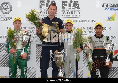 NORRIS Lando (GBR) fa Kart Vortex, podio ritratto con MAZEPIN Nikita (RUS) e DARUVALA Jehan (IND) durante il campionato mondiale di karting 2014 dal 19 al 20 settembre 2014, sul circuito di Essay, in Francia. Foto KSP / DPPI Foto Stock