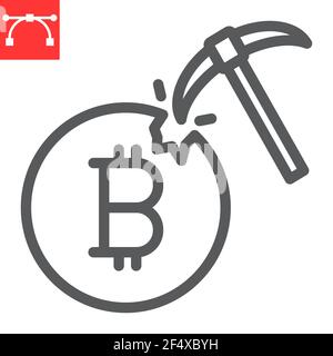 Icona della linea di estrazione Bitcoin, criptovaluta e bitcoin, moneta con icona vettoriale pickaxe, grafica vettoriale, segno del contorno del tratto modificabile, eps 10. Illustrazione Vettoriale