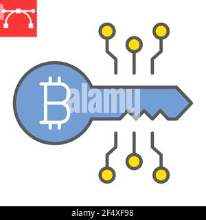 Icona linea colore chiave Bitcoin, sicurezza e protezione, icona vettore chiave digitale, grafica vettoriale, segno contorno riempito con tratto modificabile, eps 10. Illustrazione Vettoriale
