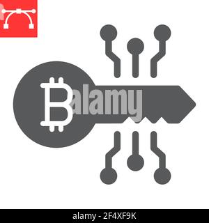 Icona glifo chiave Bitcoin, sicurezza e protezione, icona vettore chiave digitale, grafica vettoriale, segno solido tratto modificabile, eps 10. Illustrazione Vettoriale