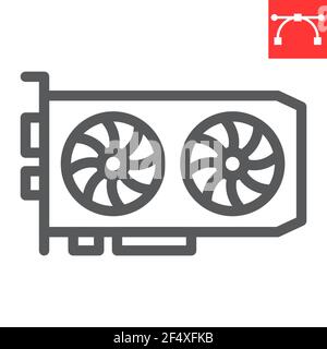 Icona della linea della scheda GPU, mining hardware e bitcoin, icona vettoriale della scheda grafica, grafica vettoriale, segno del contorno del tratto modificabile, eps 10. Illustrazione Vettoriale