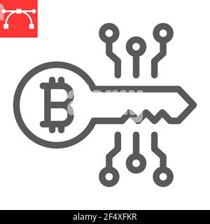 Icona linea chiave Bitcoin, sicurezza e protezione, icona vettore chiave digitale, grafica vettoriale, segno tratto modificabile, eps 10. Illustrazione Vettoriale