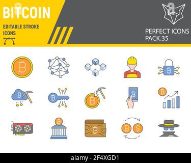 Set di icone della linea di colore Bitcoin, collezione blockchain, grafica vettoriale, illustrazioni logo, icone vettoriali bitcoin, segni di criptovaluta, profilo pieno Illustrazione Vettoriale