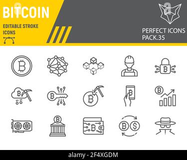 Set icone linea Bitcoin, collezione blockchain, grafica vettoriale, illustrazioni logo, icone vettoriali bitcoin, segni di criptovaluta, pittogrammi di contorno Illustrazione Vettoriale