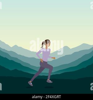 jogging ragazza sportiva sul verde paesaggio di montagna Illustrazione Vettoriale