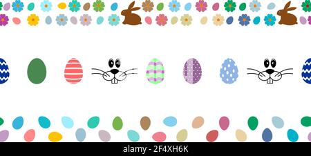 Tre Happy Easter Egg confine posto su sfondo bianco isolato. Modello senza giunture e singolo utilizzabile. Una disposizione corretta di uovo di Pasqua progettata. Illustrazione Vettoriale