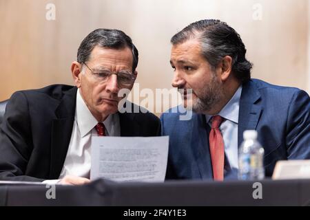 Washington DC, Stati Uniti. 23 marzo 2021. Il senatore degli Stati Uniti Ted Cruz (repubblicano del Texas) (R) parla con il senatore degli Stati Uniti John Barrasso (repubblicano del Wyoming) (L) mentre interrogano l'ex ambasciatore degli Stati Uniti al potere Samantha delle Nazioni Unite (non illustrato) Come lei testimonia prima del Comitato di Relazioni esterne del Senato di essere il prossimo Amministratore dell'Agenzia degli Stati Uniti per lo sviluppo internazionale (USAID) nel Palazzo degli uffici del Senato Dirksen a Washington DC, USA, 23 marzo 2021.Credit: Jim Loscalzo/Pool via CNP | Usage Worldwide Credit: dpa/Alamy Live News Foto Stock