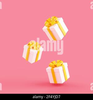 Scatole regalo in caduta con nastro e arco 3d rappresentazione illustrazione. Foto Stock