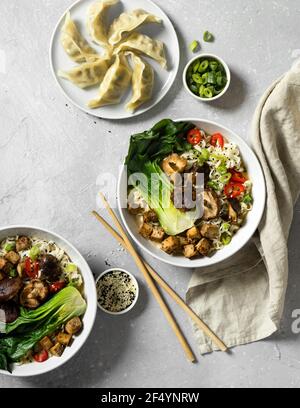 Deliziosa zuppa di ramen vegano con tagliatelle di ramen, funghi shiitake, peperoncino piccante, choi di pak al vapore e fritti in pezzi di tofu di salsa di soia, lato di gnocchi Foto Stock