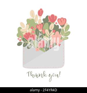 Grazie! Busta con fiori rosa e foglie verdi. Carino carta romantica. Poster di gratitudine. Gratitudine. Illustrazione vettoriale disegnata a mano Illustrazione Vettoriale