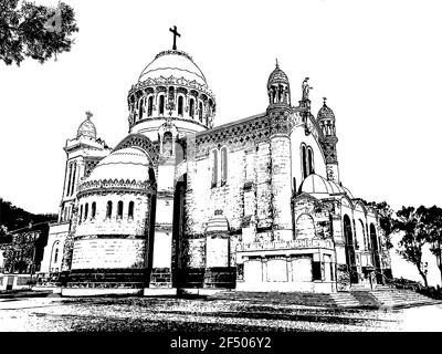 Cattedrale di Notre Dame d'Afrique, Algeri Algeria. La basilica fu inaugurato nel 1872, dopo quattordici anni di costruzione. Illustrazione Vettoriale