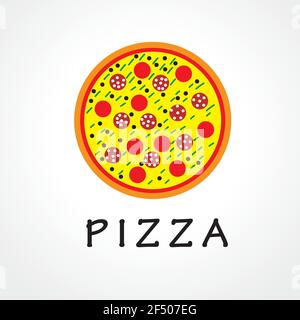 Pizza che distribuisce rapidamente il logotipo. Illustrazione della pizza ardente con salsiccia e pomodoro. Marchio Fastfood. Caffè, pizzeria, ristorante, pranzo bar cou Illustrazione Vettoriale