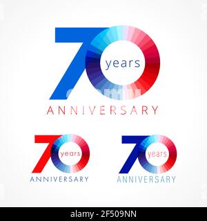 70 anni festeggiando il concetto di logo. Illustrazione dei numeri di anniversario 70 °. Brillanti complimentarsi con logotipi impostati. Cifra del disco colorata. 70% percentuale Illustrazione Vettoriale