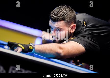 MILTON KEYNES, REGNO UNITO. 23 marzo 2021. Eklent Kaci durante 2021 Champion League Pool - giorno 2 partite alla Marshall Arena martedì 23 marzo 2021 a MILTON KEYNES INGHILTERRA. Credit: Taka G Wu/Alamy Live News Foto Stock