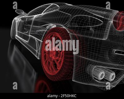 Veicolo automobilistico modello 3D BluePrint mesh con una ruota rossa pneumatico su uno sfondo nero. immagine 3d rappresentata Foto Stock