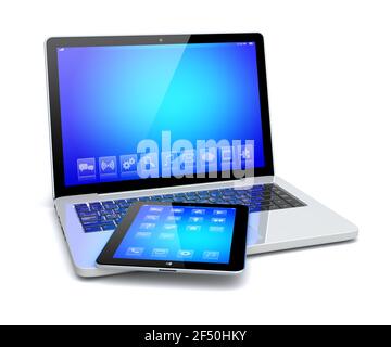 Gadget per computer notebook e tablet con sfondo blu e app sullo schermo di un dispositivo. Isolato su un bianco. immagine 3d Foto Stock