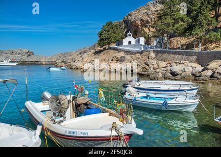 St Paul Bay, Lindos, Rodi, Grecia Foto Stock