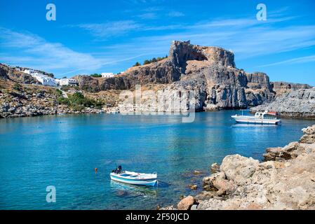 St Paul Bay, Lindos, Rodi, Grecia Foto Stock