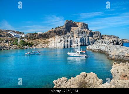 St Paul Bay, Lindos, Rodi, Grecia Foto Stock