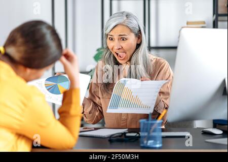 Infastidito arrabbiato malcontento donna asiatica matura dai capelli grigi, capo di un dipendente, manager, nel suo ufficio, truffa e grida a un subordinato, mostra un errore in un rapporto, gesti con le mani Foto Stock
