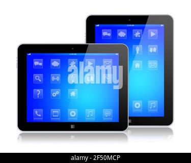 Gadget per computer tablet con schermo blu e app. immagine 3d Foto Stock