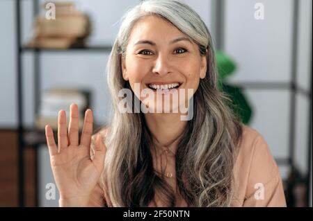 Ritratto di una bella donna asiatica d'affari, freelancer, manager che parla in conferenza, riunione online, con il team di affari o la famiglia che mostra gesto di benvenuto, sorrisi Foto Stock