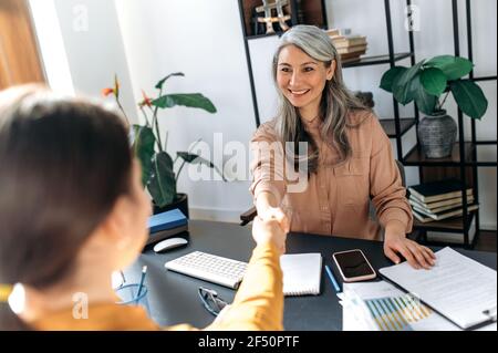 Bella fiduciosa cute grigio-capelli asiatica donna, ceo, top manager, business lady in un ufficio moderno, chiuso un affare finanziario redditizio, assunto e scuote le mani con una ragazza, sorride amichevole Foto Stock