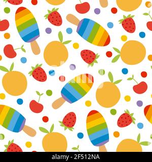 Colorato motivo senza cuciture con gelato e frutta. Isolato su sfondo bianco. Foto Stock