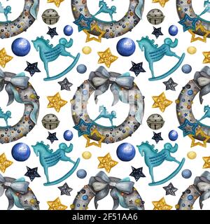 Motivo invernale senza cuciture acquerello. Sfondo con stelle, cavallo giocattolo, corona e perle Foto Stock
