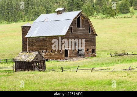 Abbandonato vecchio fienile di legno con un tetto di metallo e fuori Edifici in campi verdi vicino a Cle Elum nella parte orientale di Washington Nel cuore delle Cascades Foto Stock