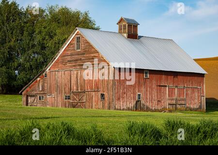 Fienile di legno rosso in una mattinata soleggiata nel Palouse Regione di Washington orientale che mostra il metodo di conservazione di sostituire il tetto in legno con metallo Foto Stock