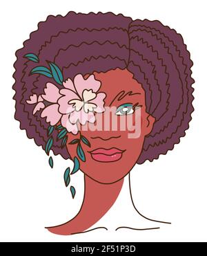 Modern Beauty donna viso stilizzato con fiori. Illustrazione vettoriale stile linea Illustrazione Vettoriale