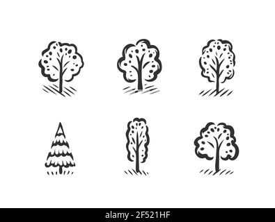 Set di simboli ad albero. Illustrazione vettoriale del concetto di natura Illustrazione Vettoriale