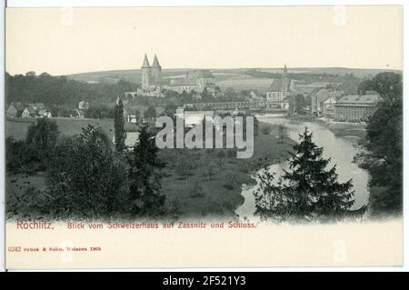 Vista dalla casa svizzera su Zassnitz e il castello Rochlitz. Bl. V. Schweizerhaus a. Zassnitz e il castello Foto Stock