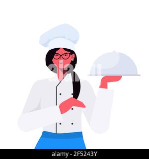 cuoca donna in cuoca donna uniforme che tiene piatto cottura cibo concetto di settore Illustrazione Vettoriale