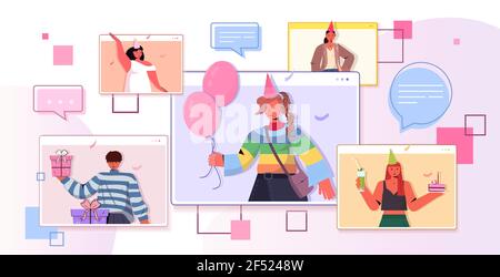 la gente in cappelli festosi che festeggiano la corsa del mix di festa di compleanno online uomini donne in finestre di computer divertirsi Illustrazione Vettoriale