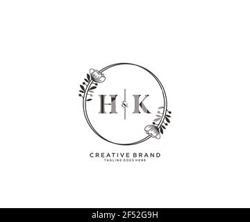 HK lettere disegnate a mano femminile e floreale logo botanico adatto per spa salone pelle capelli bellezza boutique e società cosmetica. Illustrazione Vettoriale