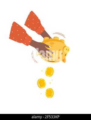Gold porcellino banca con monete d'oro in caduta. Scatola di monete con scuotimento delle mani africane. Concetto di spesa. Simbolo finanziario. Servizi bancari o aziendali Illustrazione Vettoriale